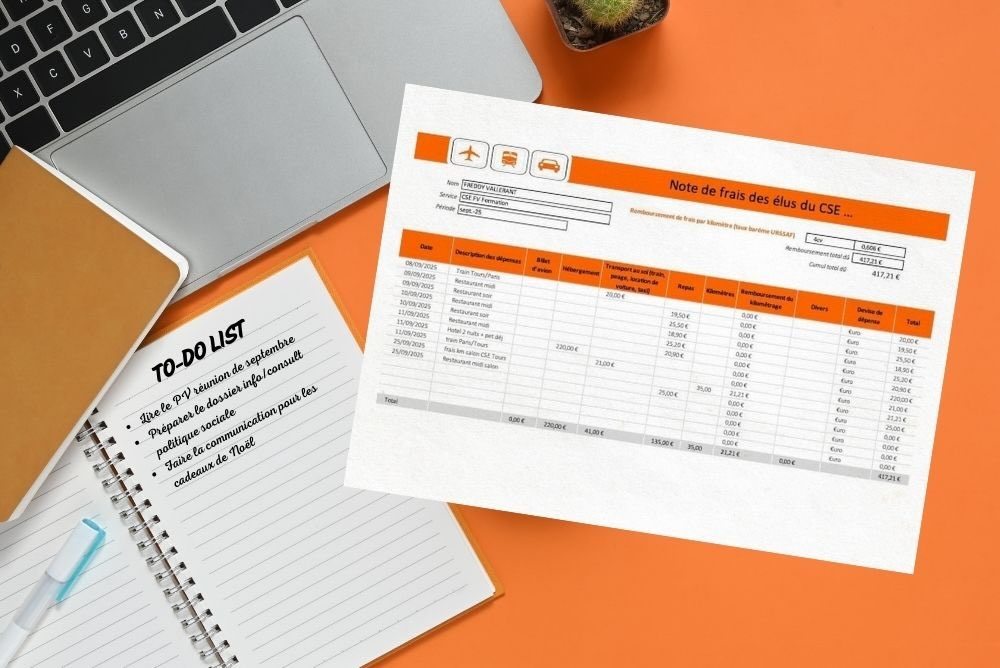 Image représentant une note de frais pour remboursement des frais de déplacement des élus CSE posée sur un bureau