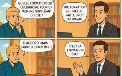 Extrait d'une bande dessinée CSE avec deux personnages qui dialoguent sur la formation suppléant CSE
