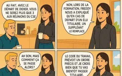 Bande dessiné représentant deux élus CSE, l'un demandant à l'autre : un suppléant peut-il devenir titulaire CSE ?